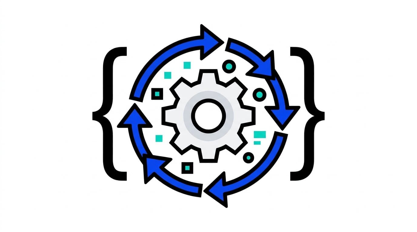Illustration d'un engrenage entouré de flèches de mise à jour, entre deux accolades de code