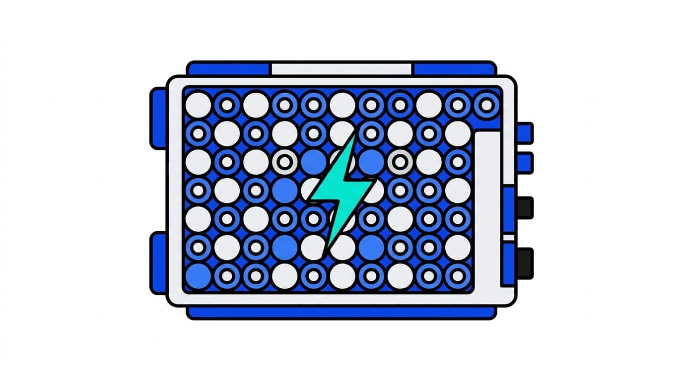 Illustration : un pack de batterie de voiture électrique vu de dessus, rempli de cellules, avec un éclair