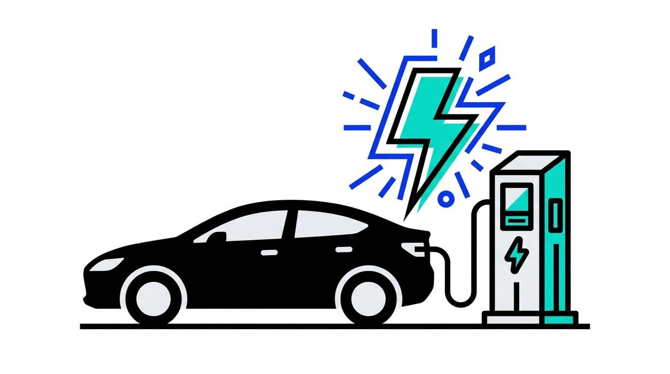 Illustration : la silhouette d'une voiture électrique branchée à une borne de recharge, sous un éclair