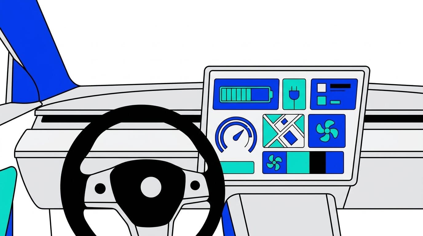 Illustration d'un volant et d'un grand écran tactile central dans l'habitacle d'une voiture