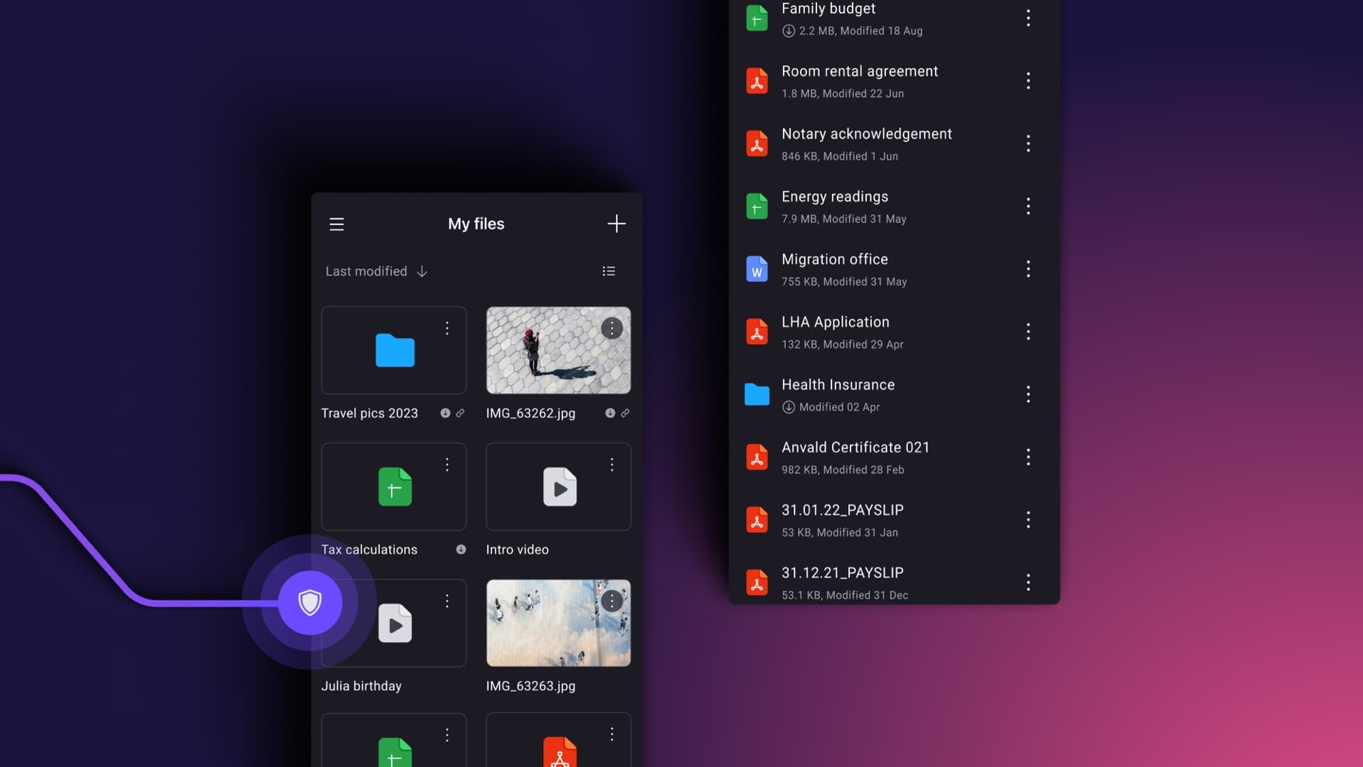 L'application Proton Drive sur smartphone, avec une liste de fichiers