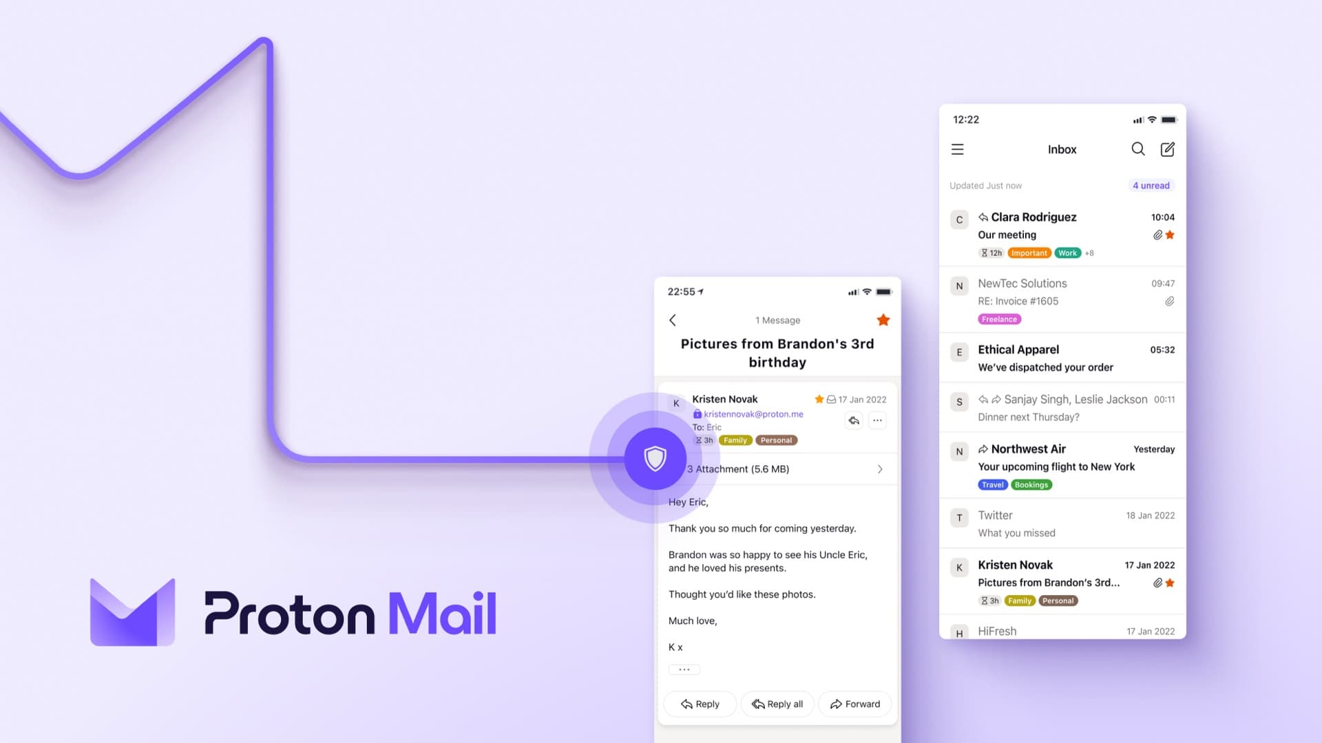 Visuel promotionnel de Proton : le logo Proton Mail et l'application affichée sur deux smartphones, une boîte de réception et un message ouvert