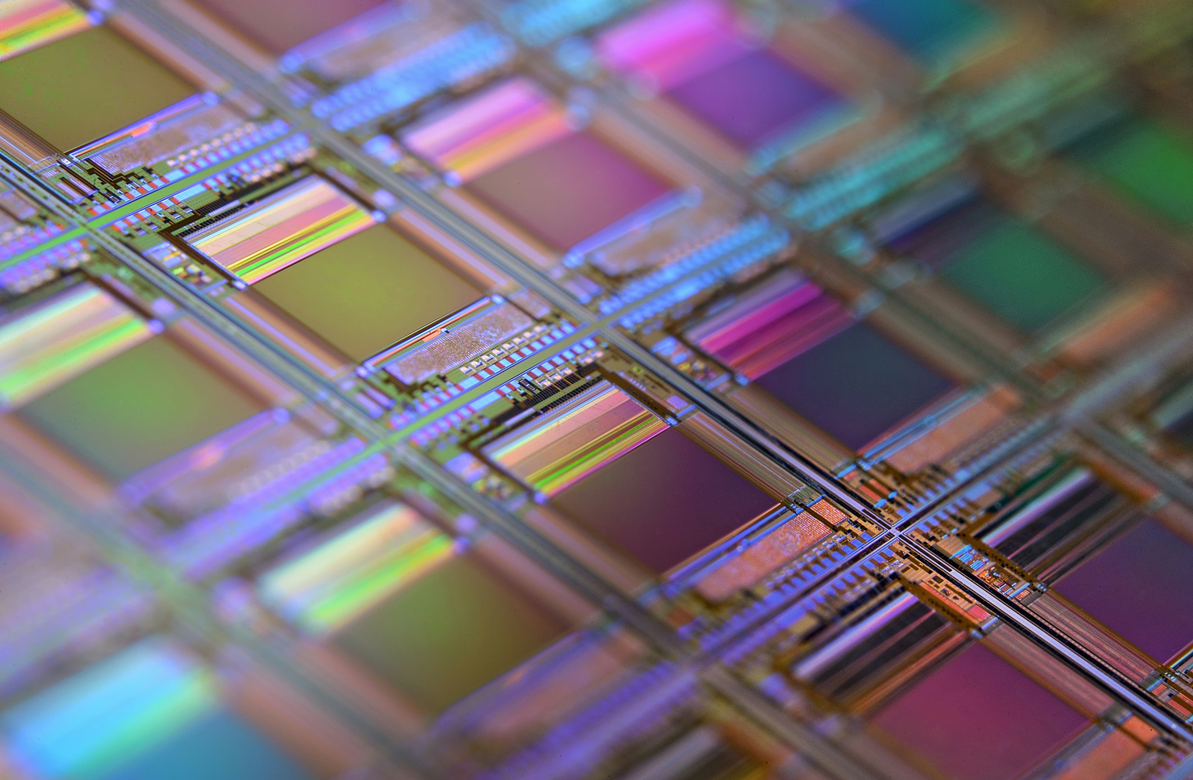 Gros plan sur une plaquette de silicium où chaque carré correspond à une puce électronique