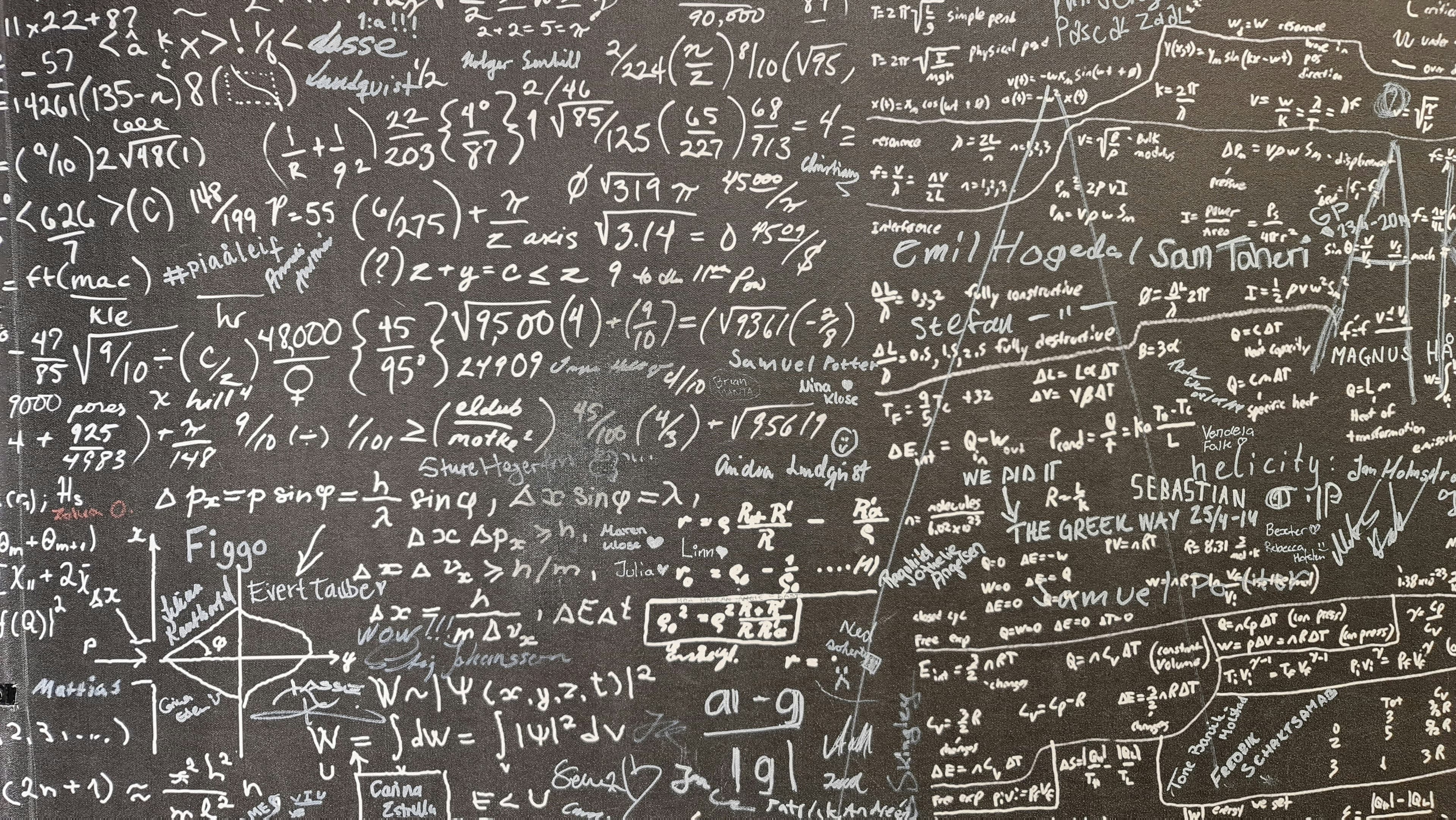 Tableau noir recouvert d'équations et de formules mathématiques manuscrites
