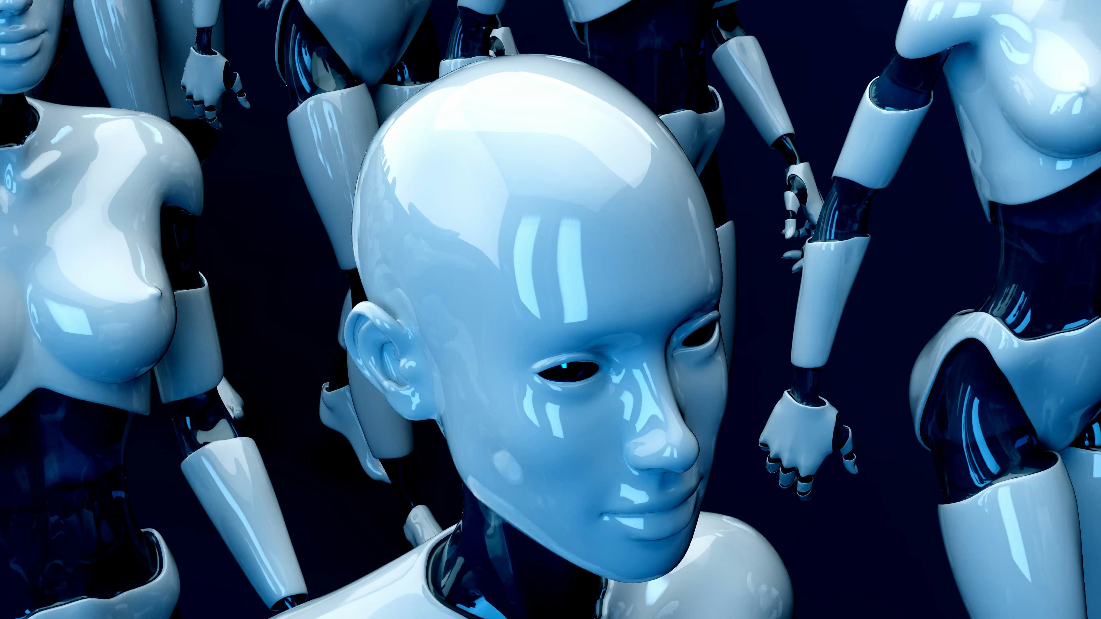 Groupe de robots humanoïdes blancs et brillants sur fond bleu sombre