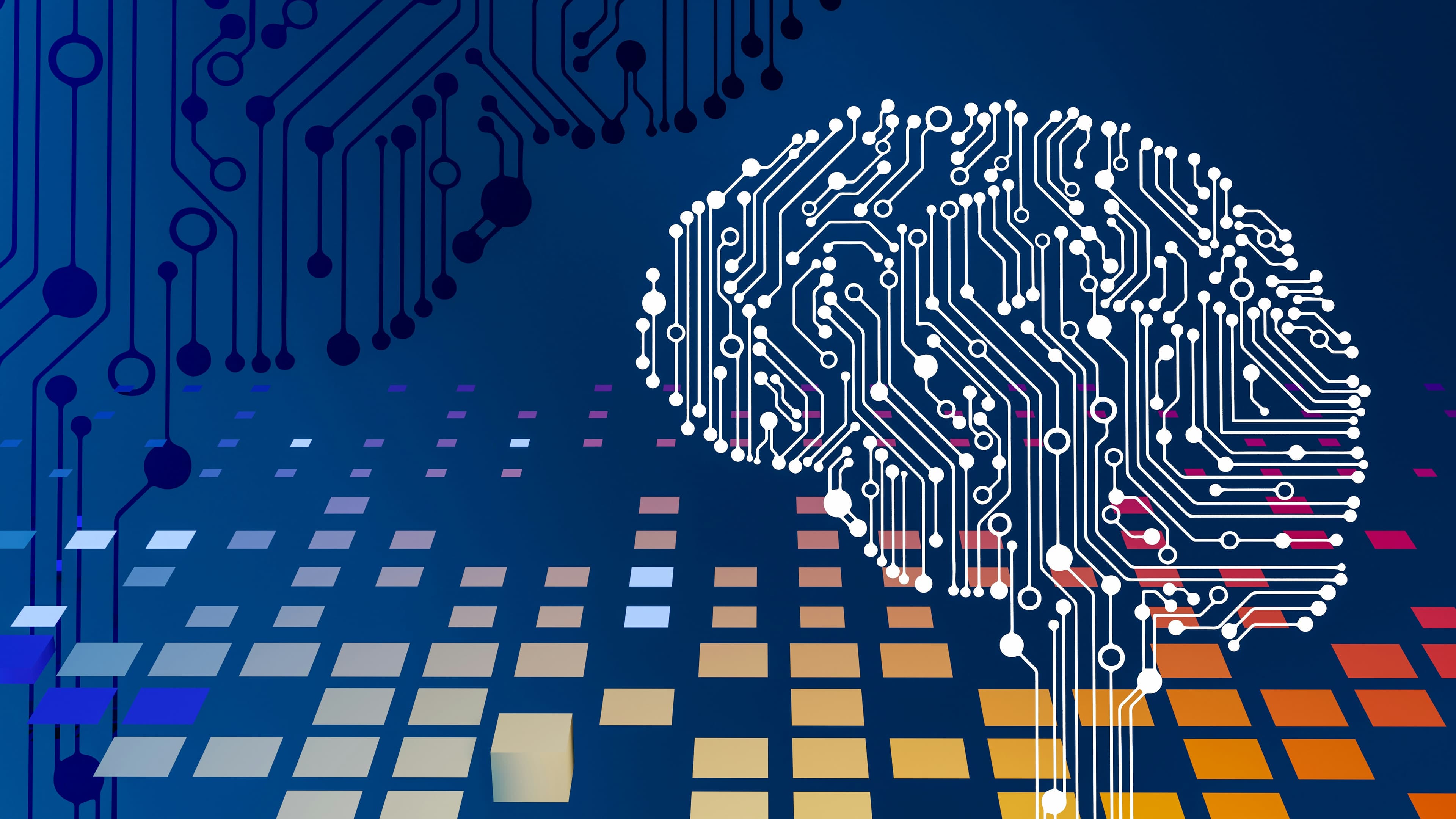 Carte de circuit imprimé stylisée en forme de cerveau, symbolisant l'intelligence artificielle