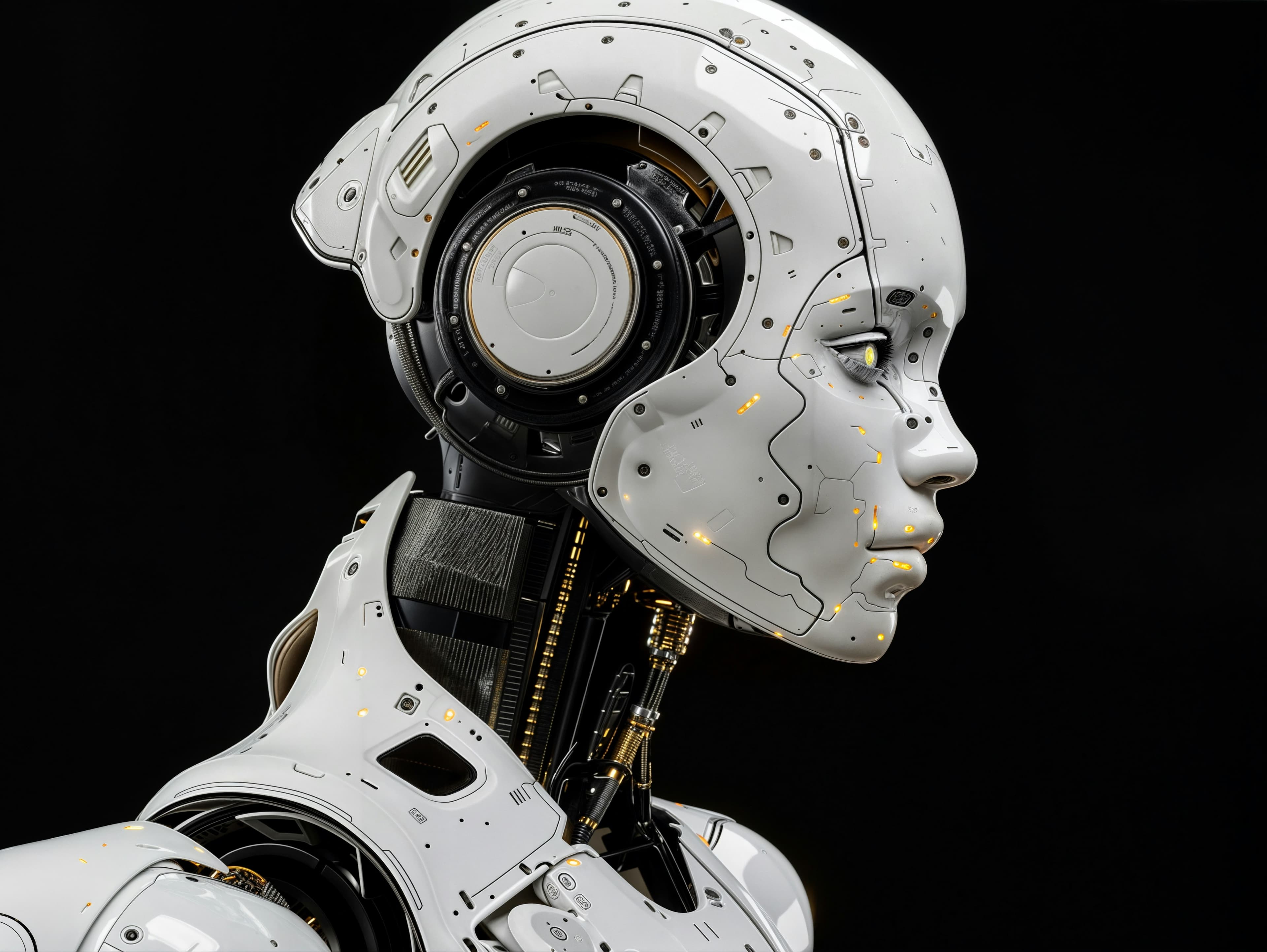 Visage d'un robot humanoïde blanc vu de profil sur fond noir