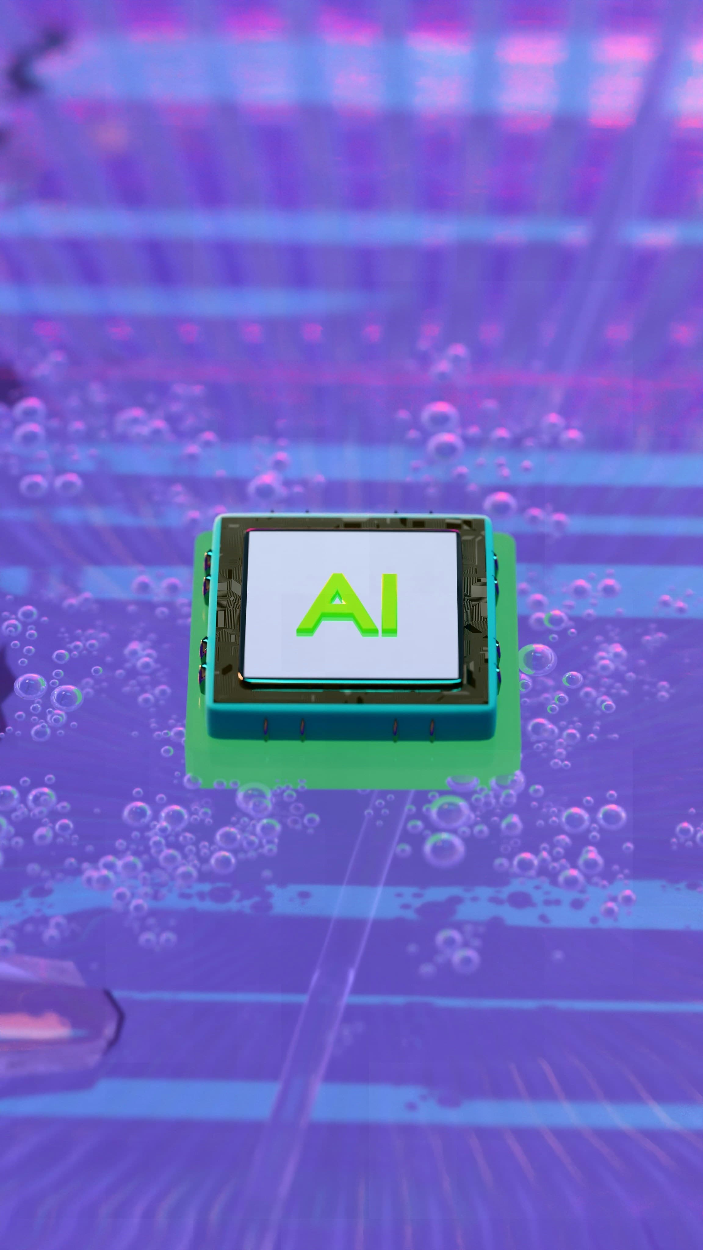 Puce d'intelligence artificielle posée sur une surface brillante aux reflets colorés