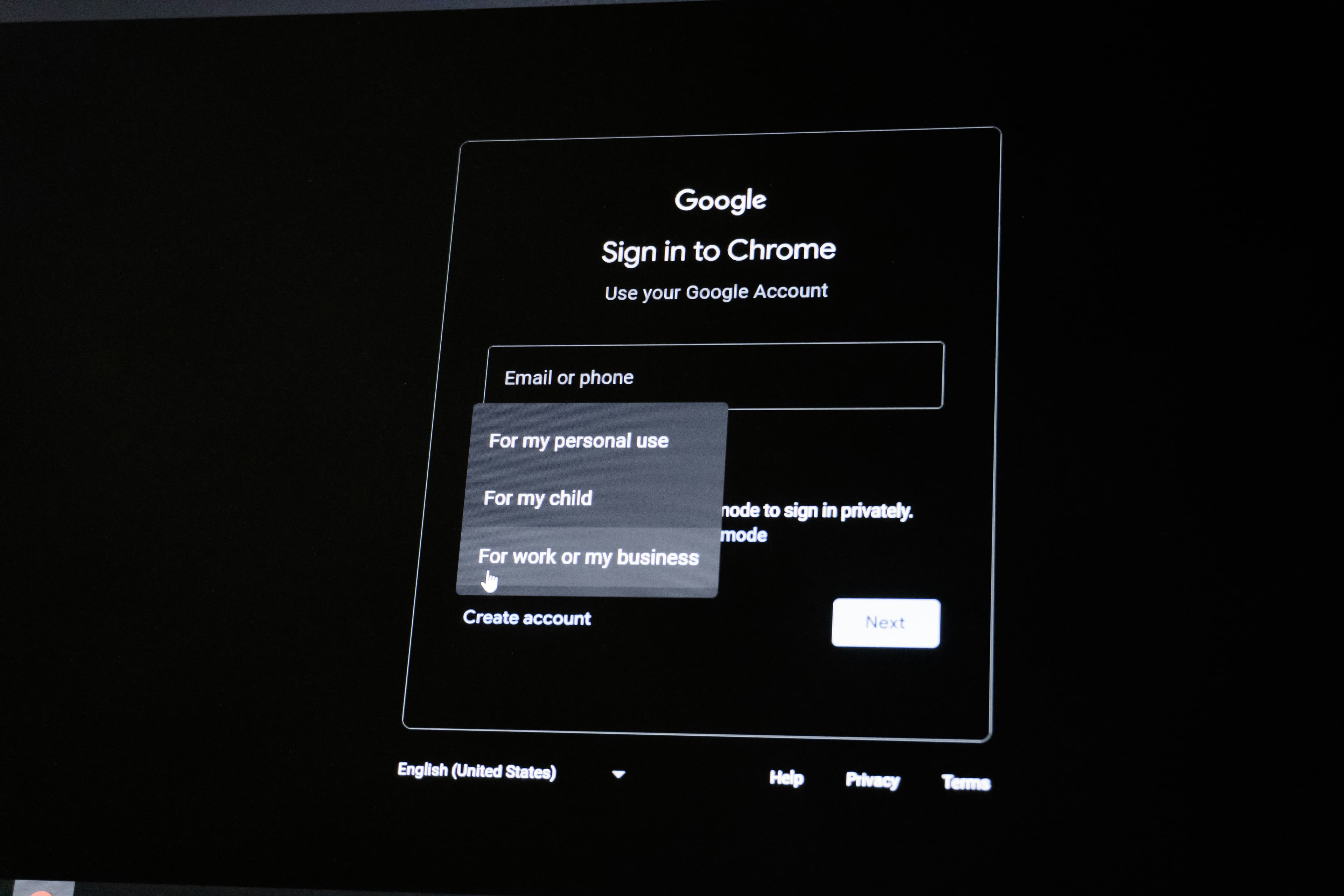 Écran de smartphone affichant l'écran de connexion à Google Chrome