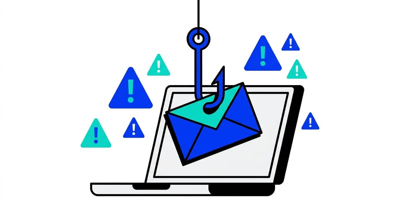 Illustration d'un hameçon tirant une enveloppe hors de l'écran d'un ordinateur portable, entouré de triangles d'alerte