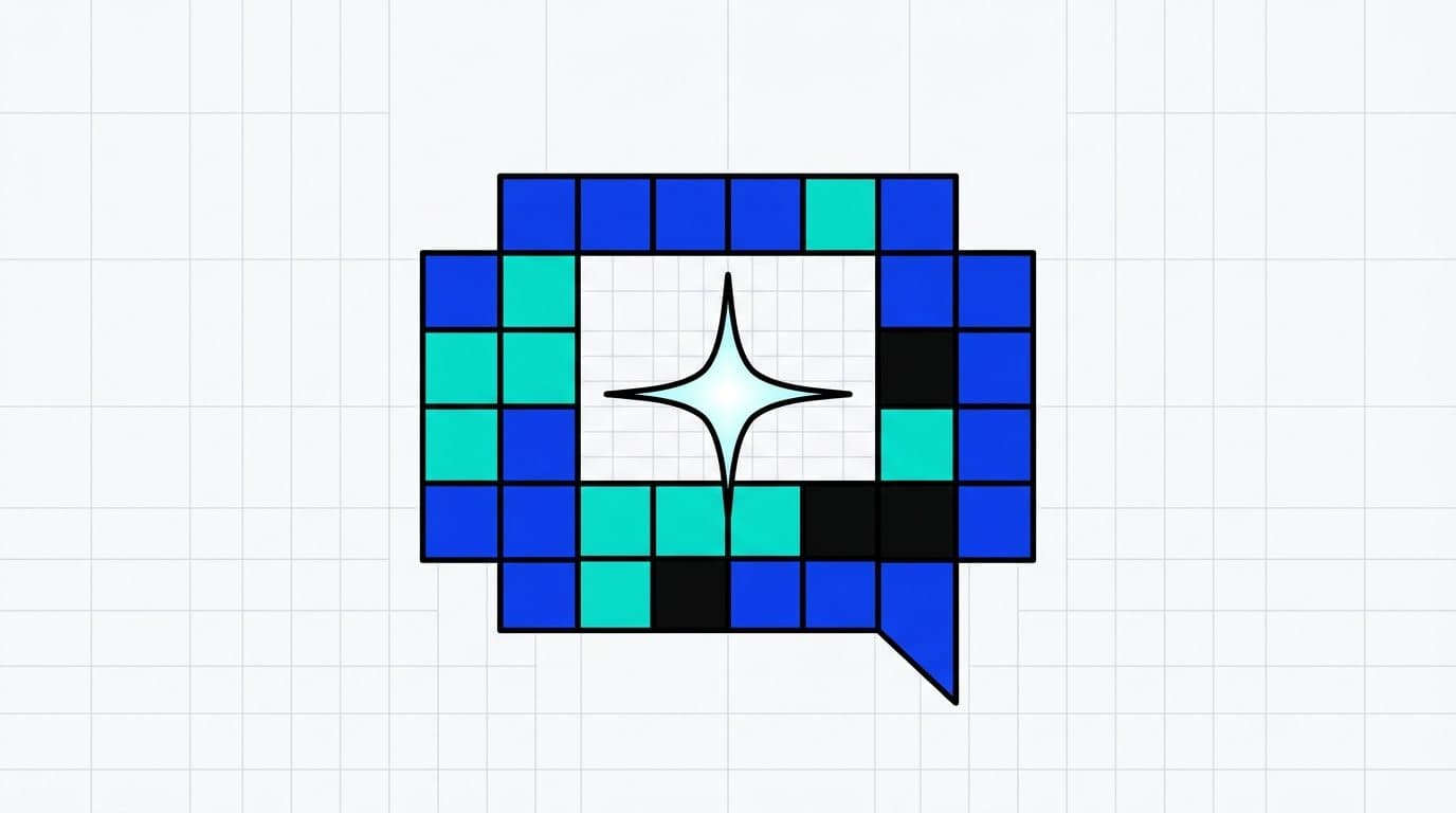 Illustration : une bulle de conversation faite de carreaux bleus et turquoise, avec une étincelle au centre