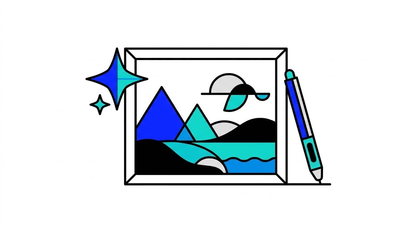 Illustration : un cadre contenant un paysage stylisé, une étincelle et un stylet