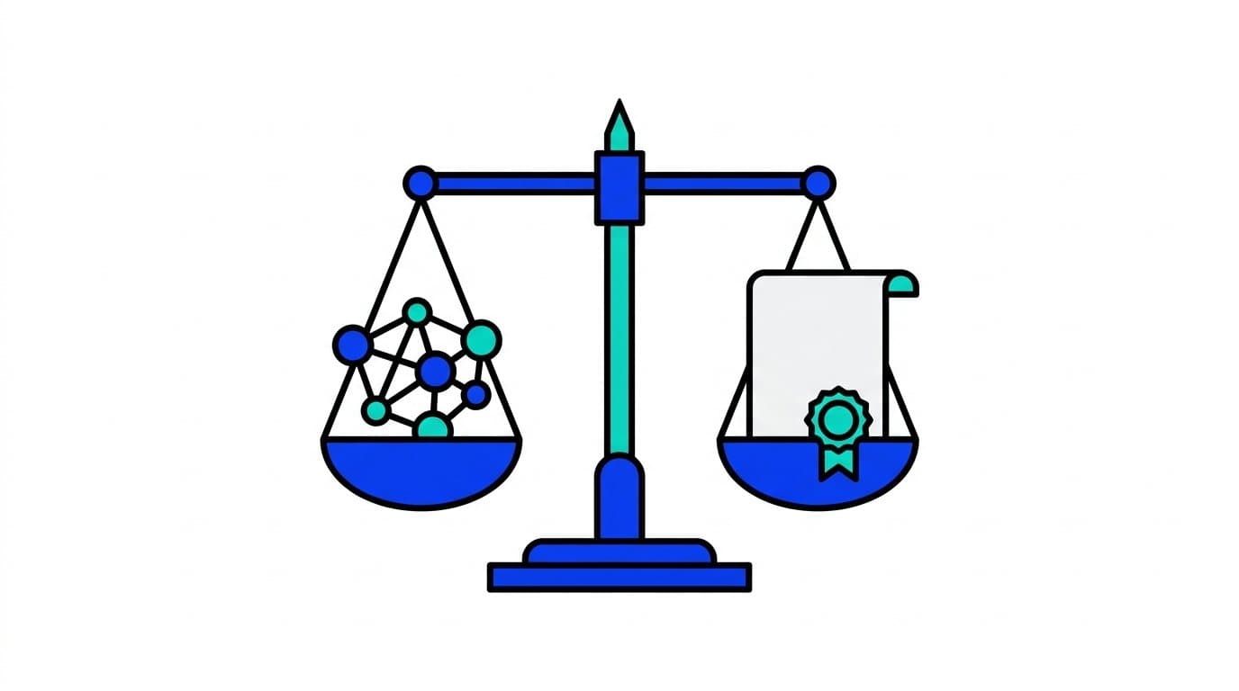 Illustration : une balance portant d'un côté un réseau de nœuds, de l'autre un document scellé
