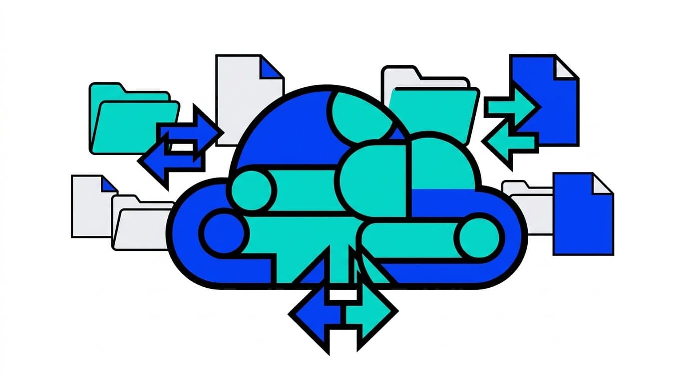 Illustration : un nuage entouré de dossiers et de documents, avec des flèches de synchronisation