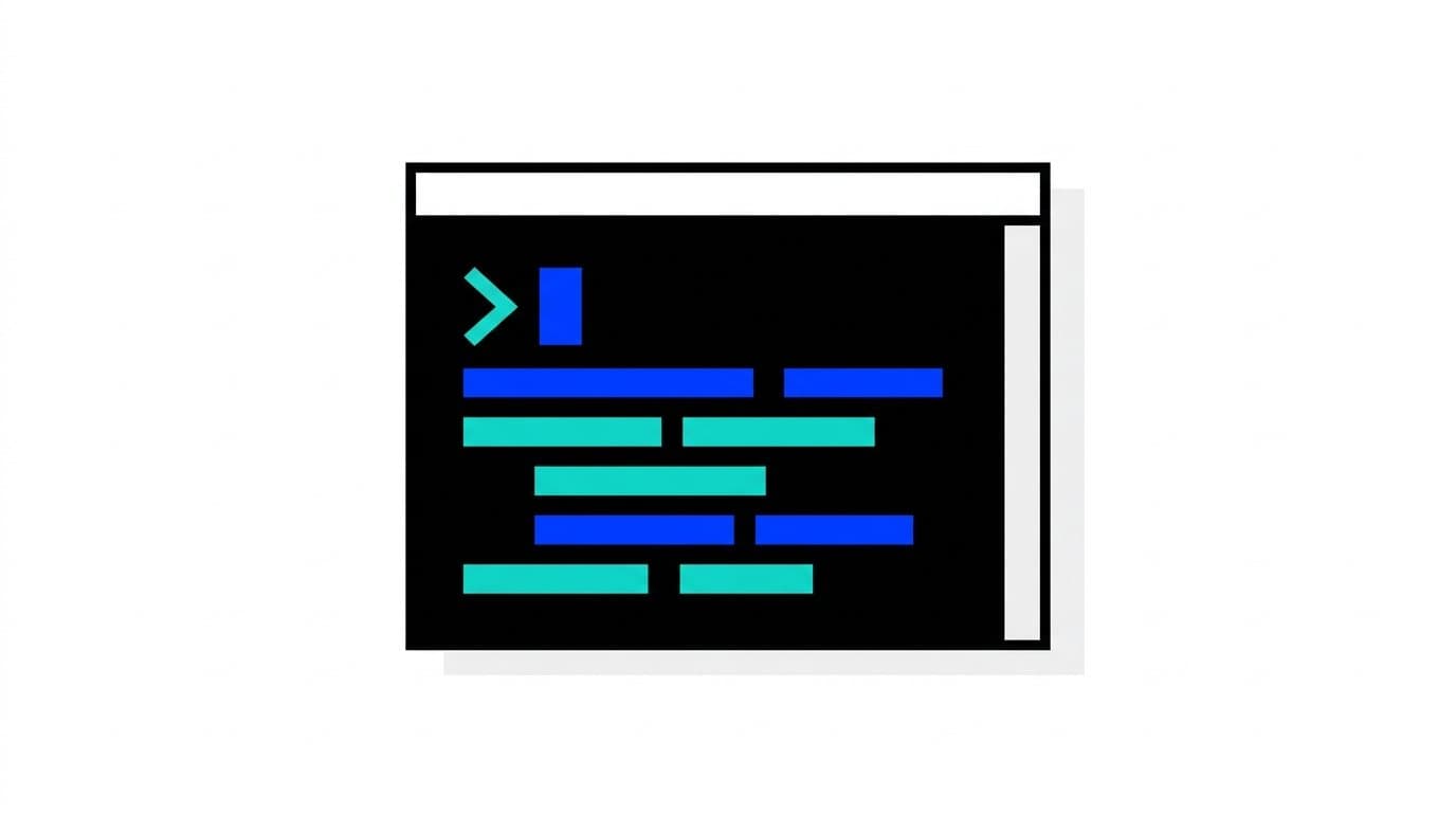 Illustration : une fenêtre de terminal avec une invite de commande et des lignes de code stylisées