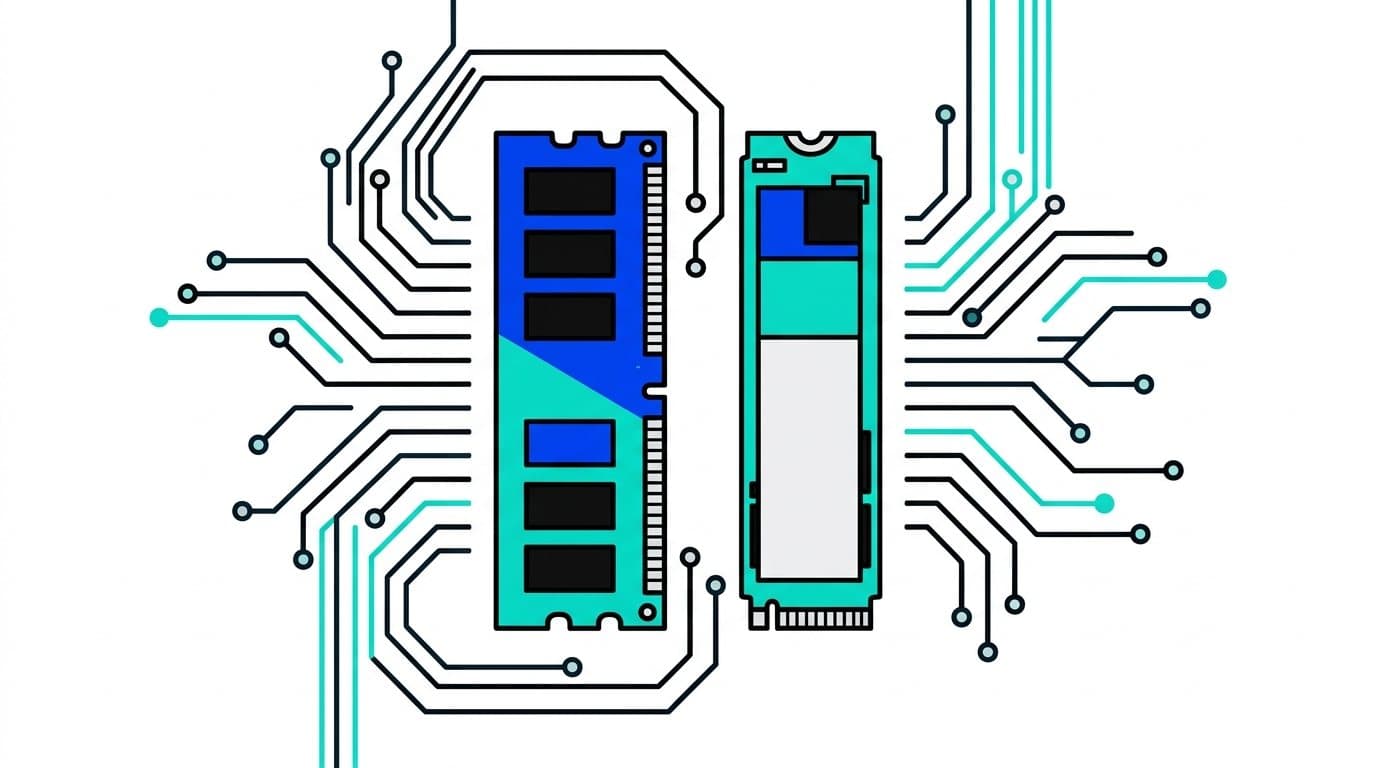 Illustration : une barrette de mémoire vive et un SSD M.2 côte à côte, entourés de pistes de circuit