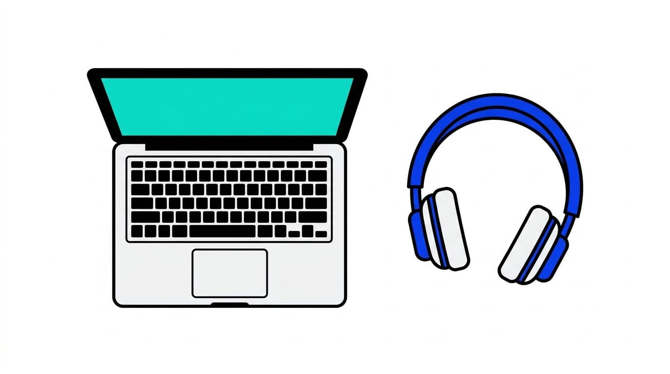 Illustration : un ordinateur portable et un casque audio vus de dessus