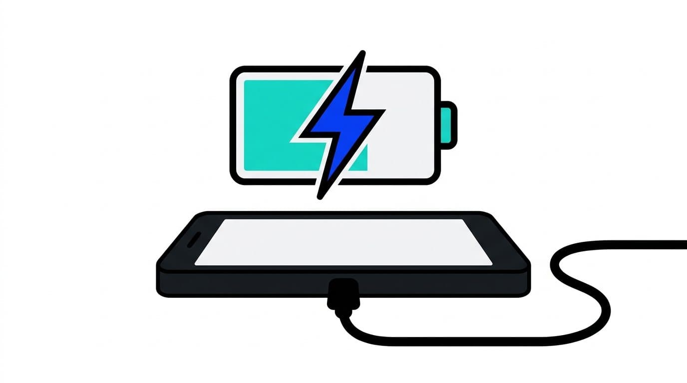 Illustration : un smartphone posé à plat et branché à un câble, sous une icône de batterie avec un éclair