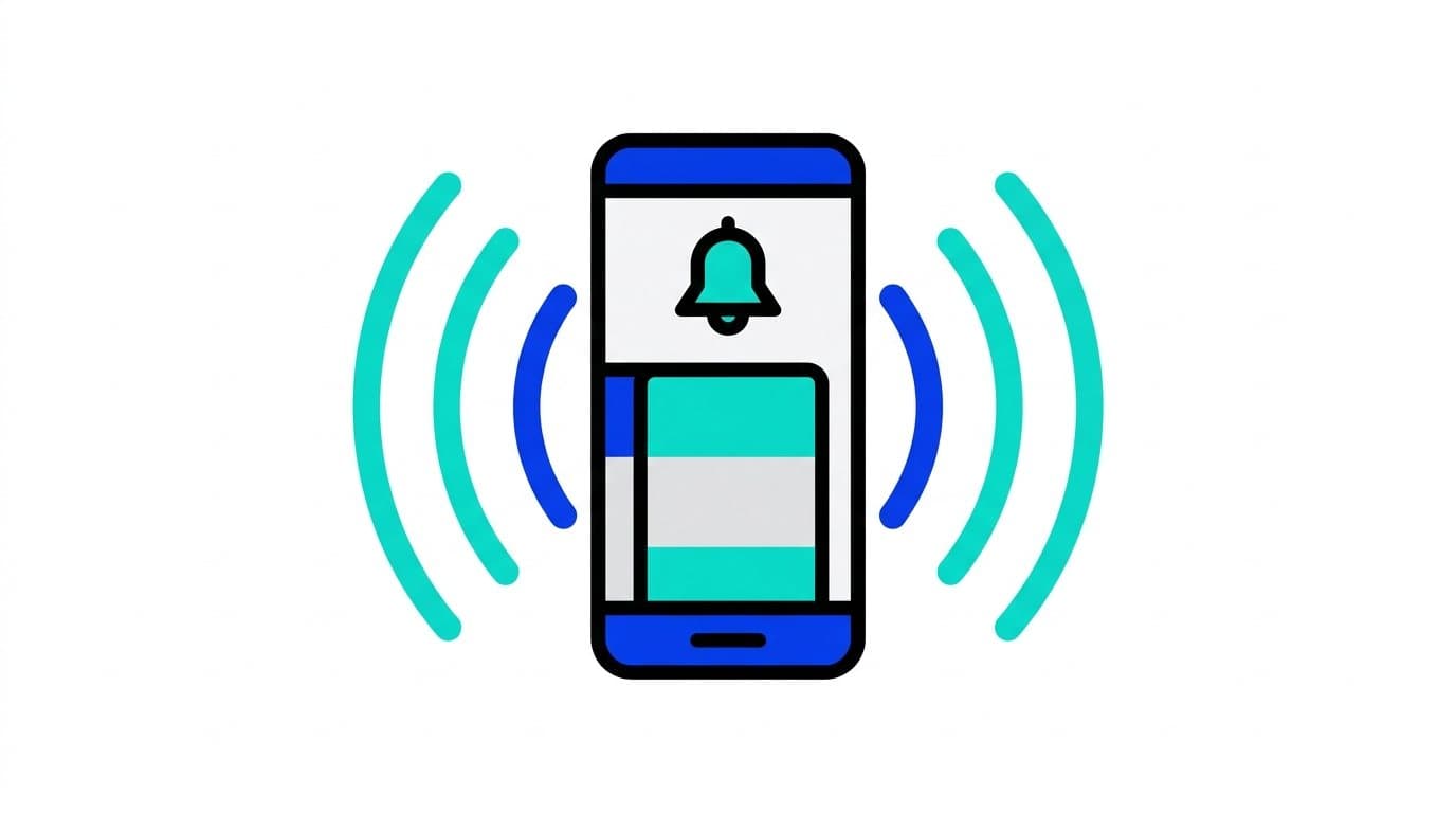 Illustration : un smartphone affichant une cloche de notification, entouré d'ondes
