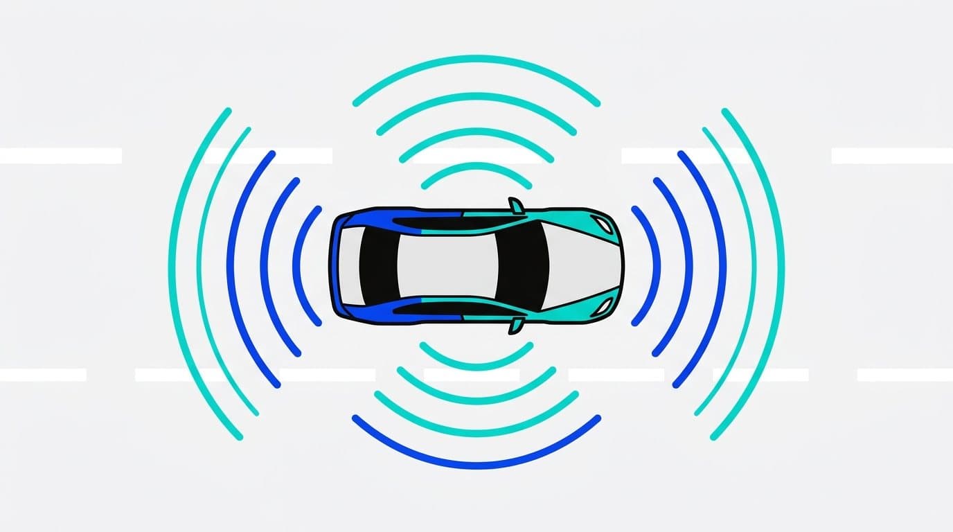 Illustration : une voiture vue de dessus sur une route, entourée d'ondes de capteurs