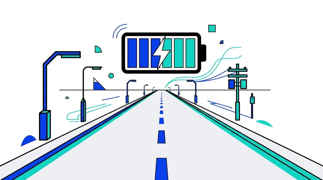 Illustration : une route en perspective sous une grande jauge de batterie
