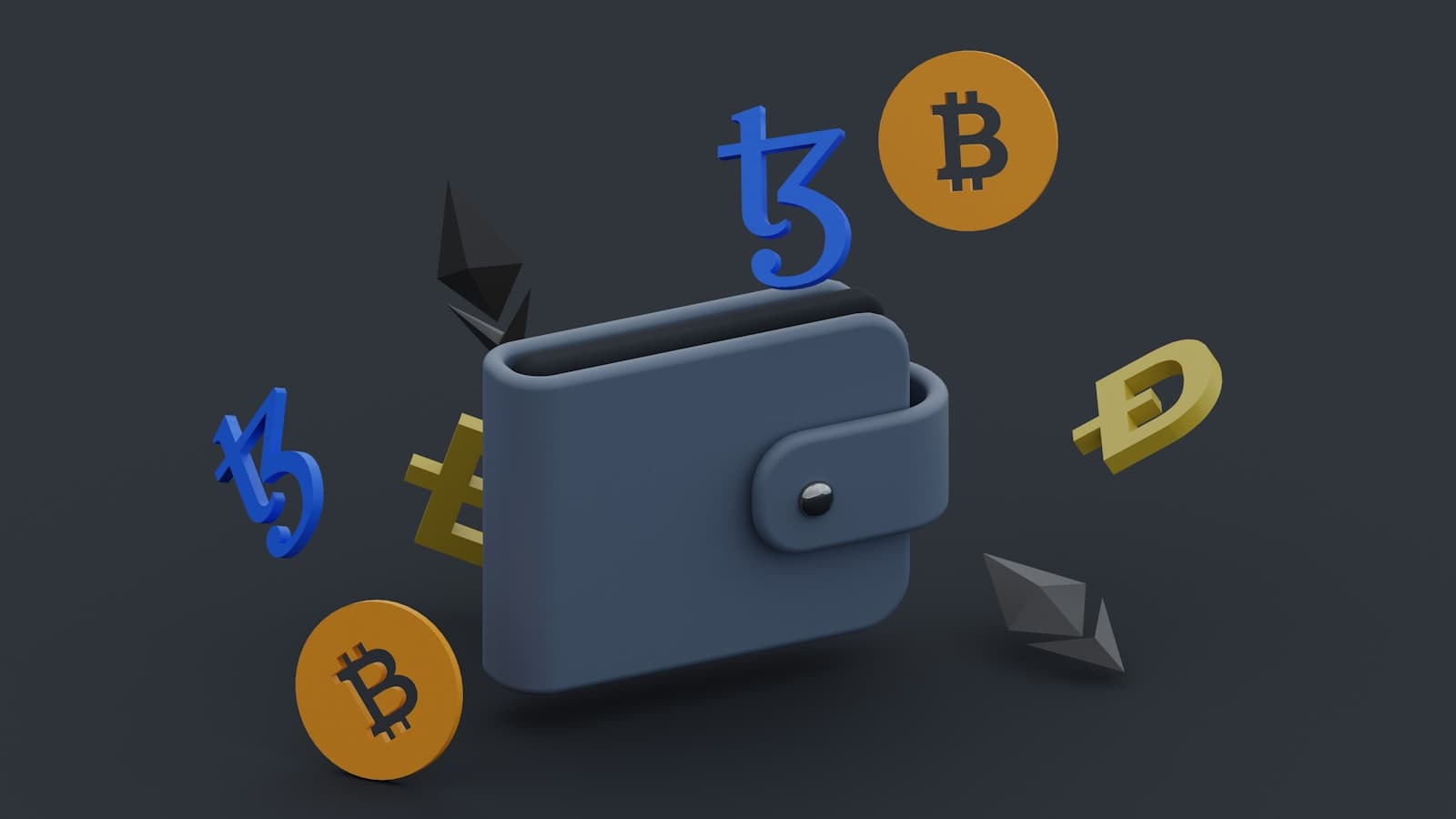 Illustration en trois dimensions d'un portefeuille d'où s'échappent des pièces de cryptomonnaie.