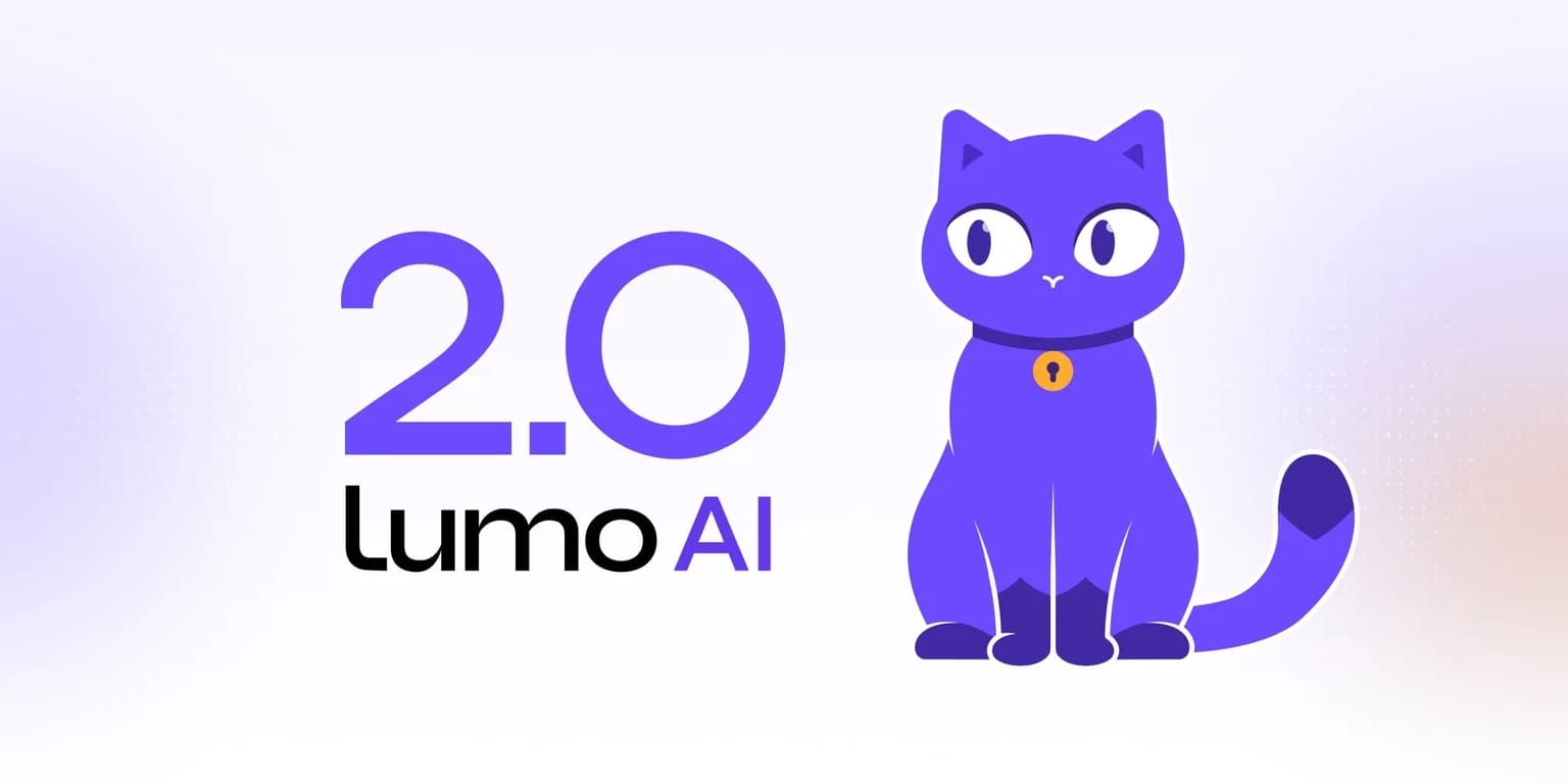 Visuel promotionnel de Proton : la mascotte de Lumo, un chat violet, à côté du texte « 2.0 lumo AI »