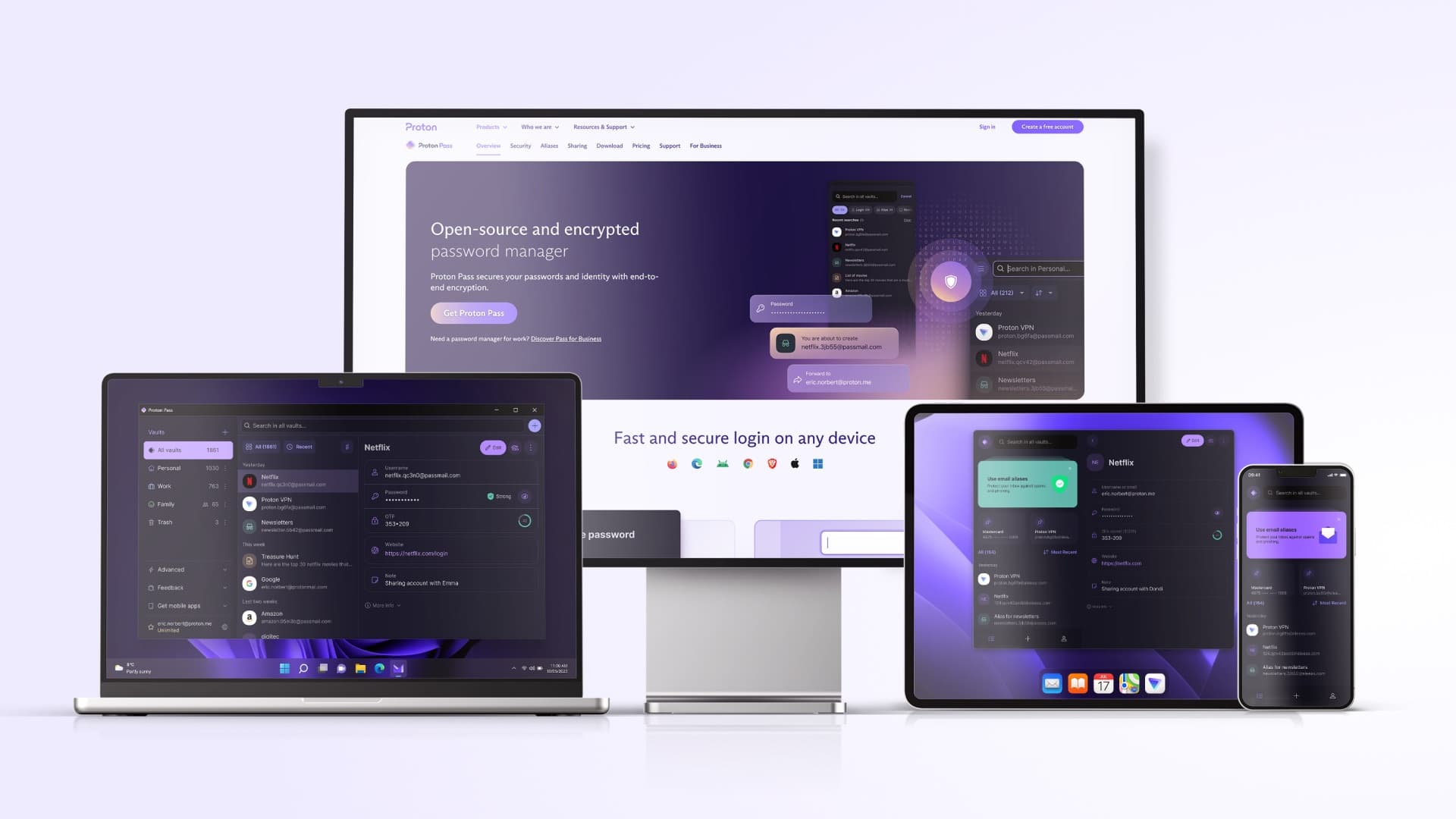 Visuel promotionnel de Proton : l'application Proton Pass affichée sur un ordinateur portable, un écran, une tablette et un smartphone