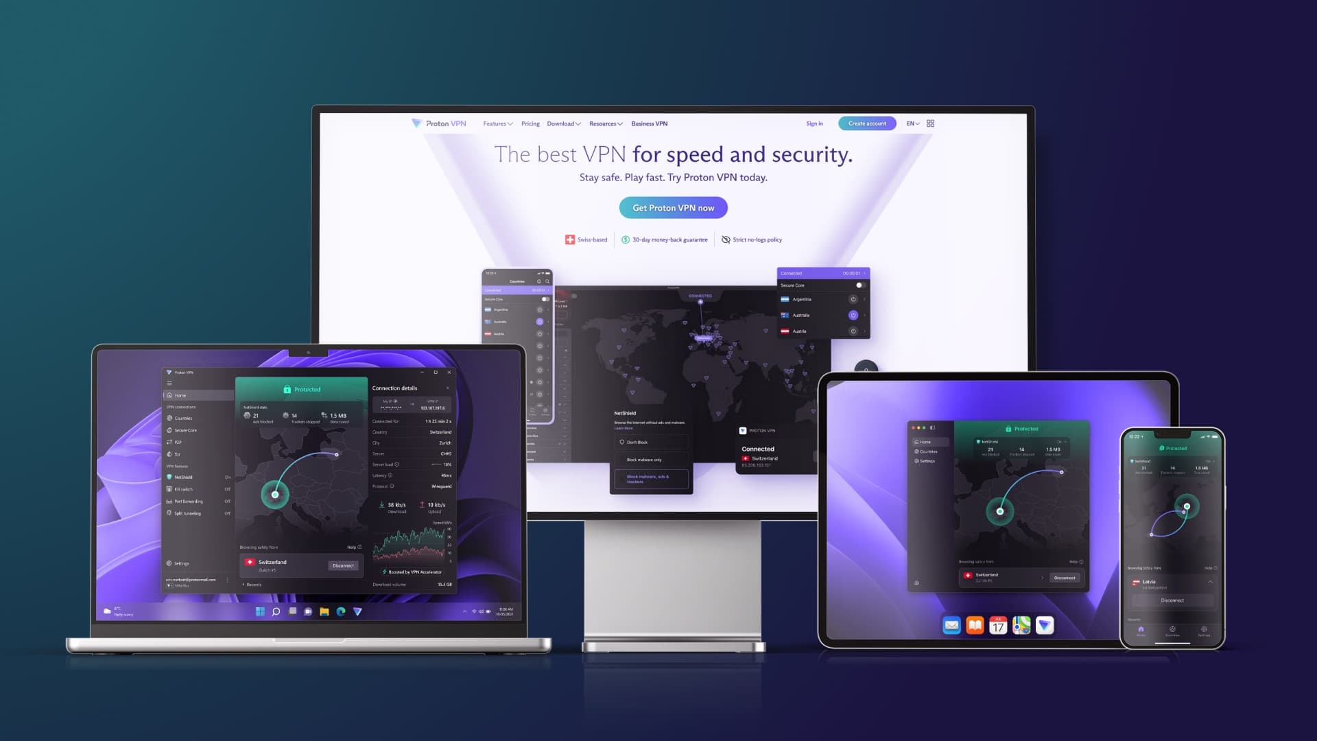 Visuel promotionnel de Proton : l'application Proton VPN affichée sur un ordinateur portable, un écran, une tablette et un smartphone