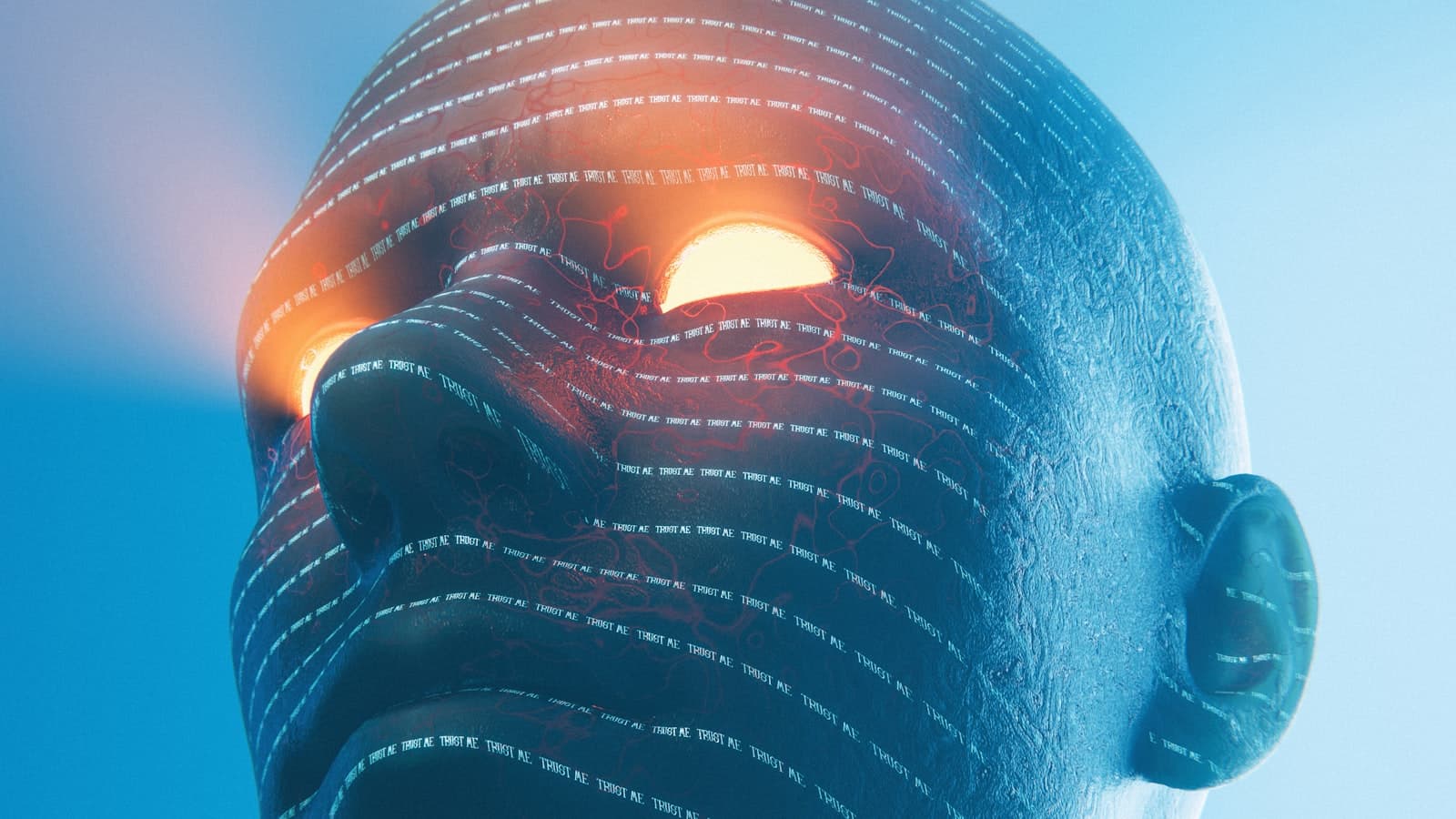Visage numérique stylisé dont les yeux émettent une lumière vive.