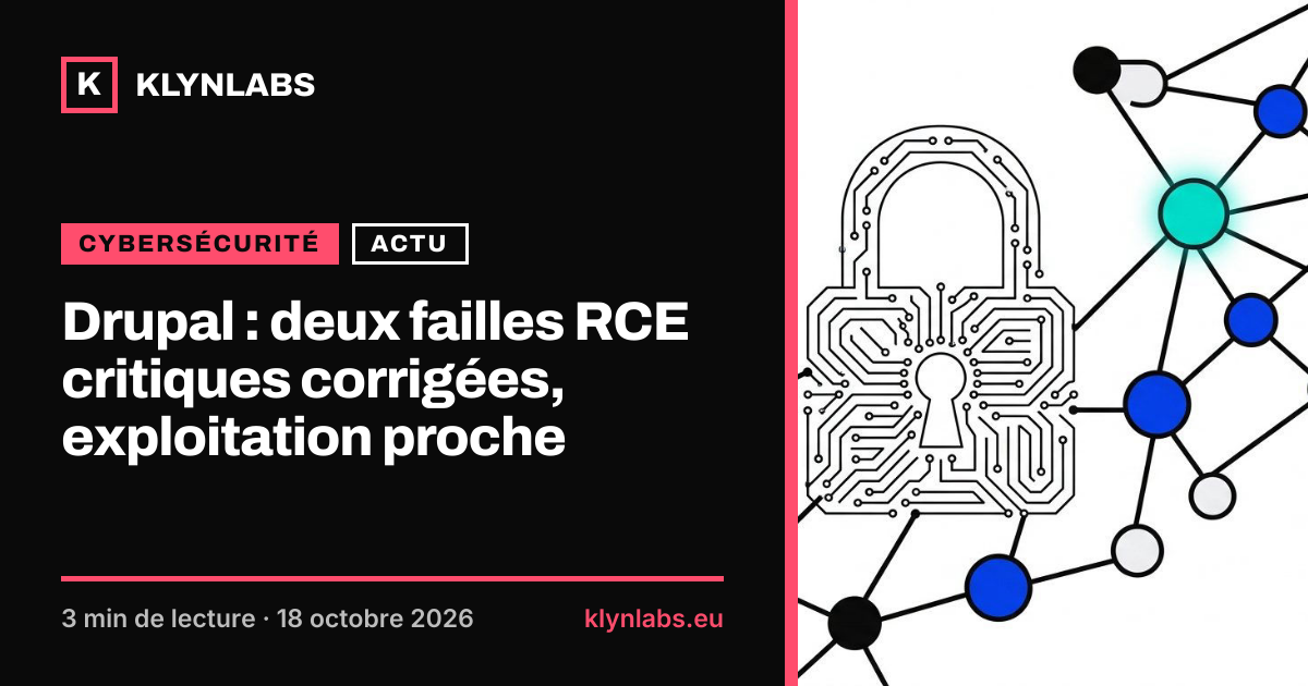 Aperçu de la carte de partage : Drupal : deux failles RCE critiques corrigées, exploitation proche